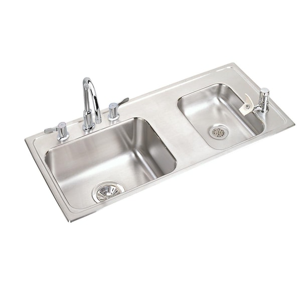 Lustertone Stainless Steel 37-1/4X17X4 Double Bowl Top Mount Classroom Ada Sink + Faucet/Bubbler Kit